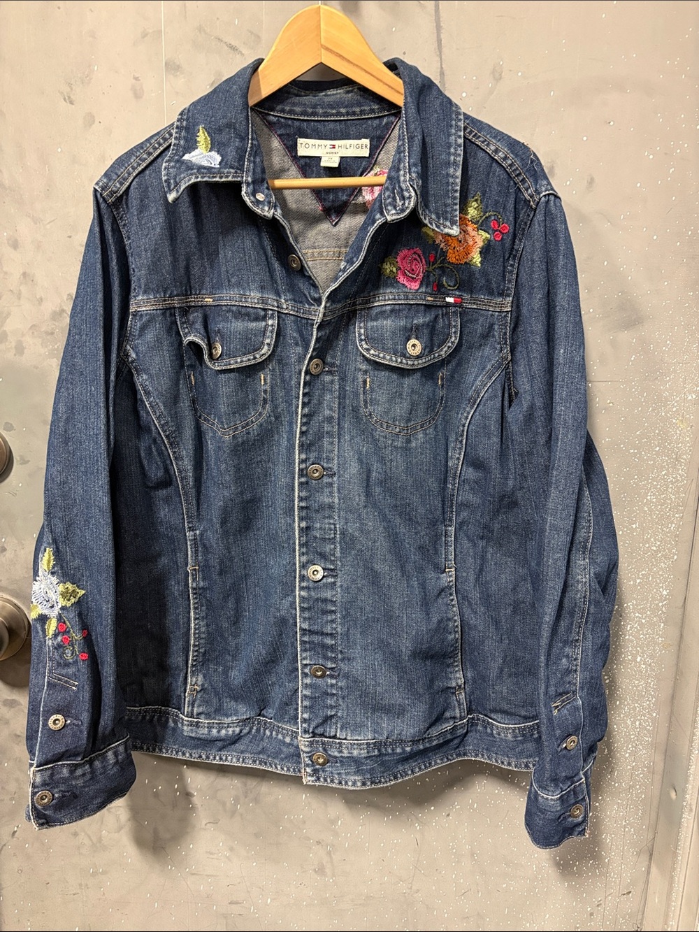 Vintage Y2K Tommy Hilfiger Blue Embroidered Floral Denim Jacket